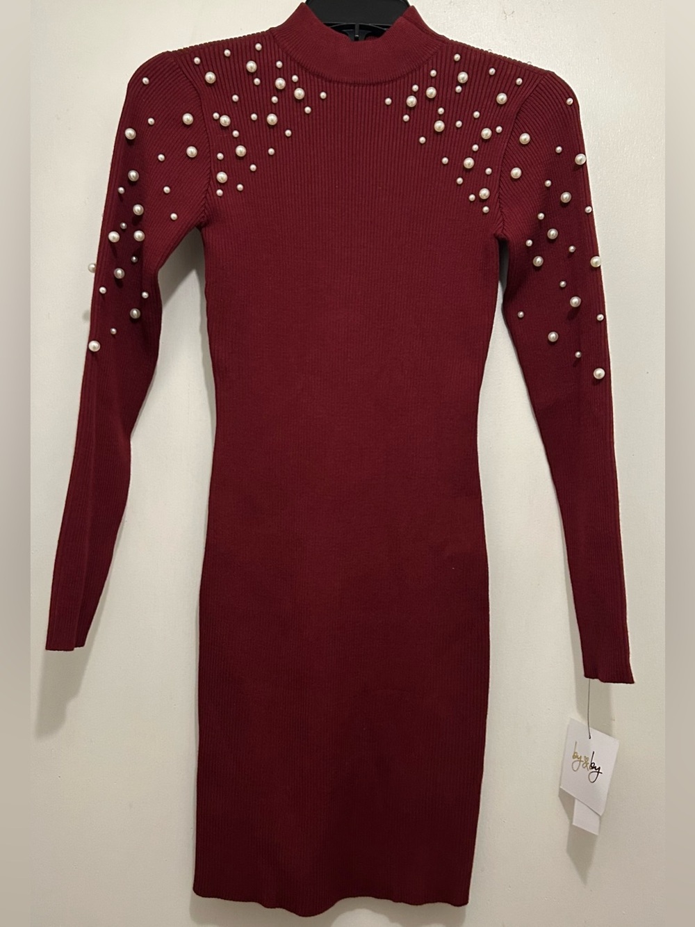 By & By Juniors’ Long Sleeve Pearl Trim Ribbed Sweater Dress